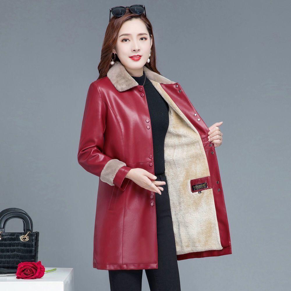 

Зимние Плюс Бархатные Толстые Теплые Куртки из Искусственной Кожи Тренч Женская Мода Женские Длинные Кожаные Куртки Пальто XXL красный