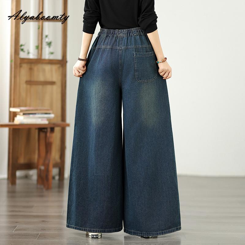 Ethnischer Stil Übergröße Damen Basic Weitbeinjeans Hohe Taille Kordelzug Zarte Stickerei Floral Baggy Denimhose Vintage Elegante Damenjeans