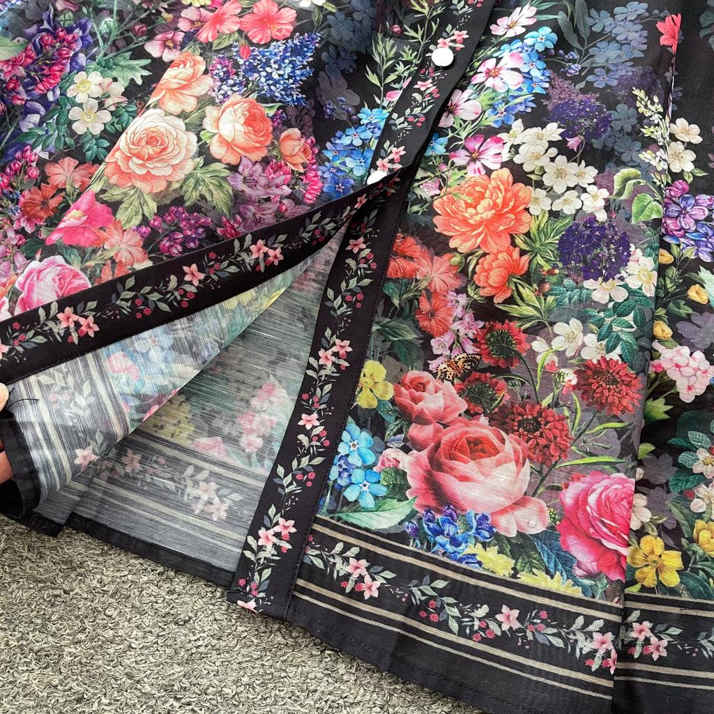 Vintage Black Floral Printted Maxi Dress Long Chiffon Sleeve Elegant Spring Palace Print Single-breasted Shirt Dress with Belt