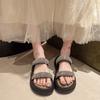 New rhinestone feeling wind 2025 shit muffin fairy sandals slippers female summer wear double belt stepping on thick bottom one-word drag