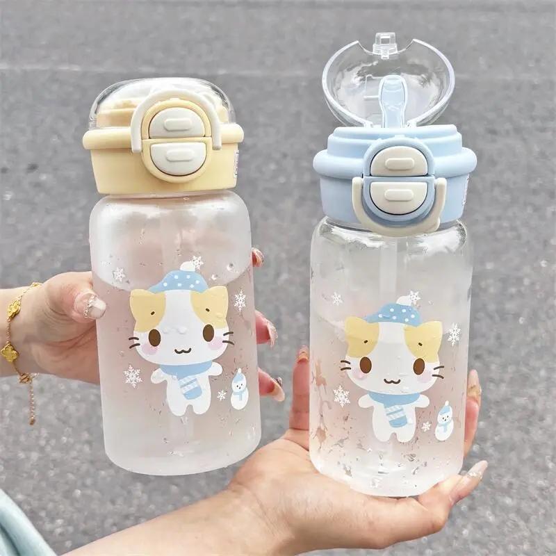 500ML Cute Cat Water Bottle With Lid Simple Straw Portable Plastic Cup For Kids Outdoor School Travel Drinking Water Bottles