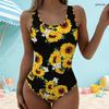 Women Plus Size One Piece Swimsuit Scoop Neck Wide Straps High Cut Black Colorful Printed