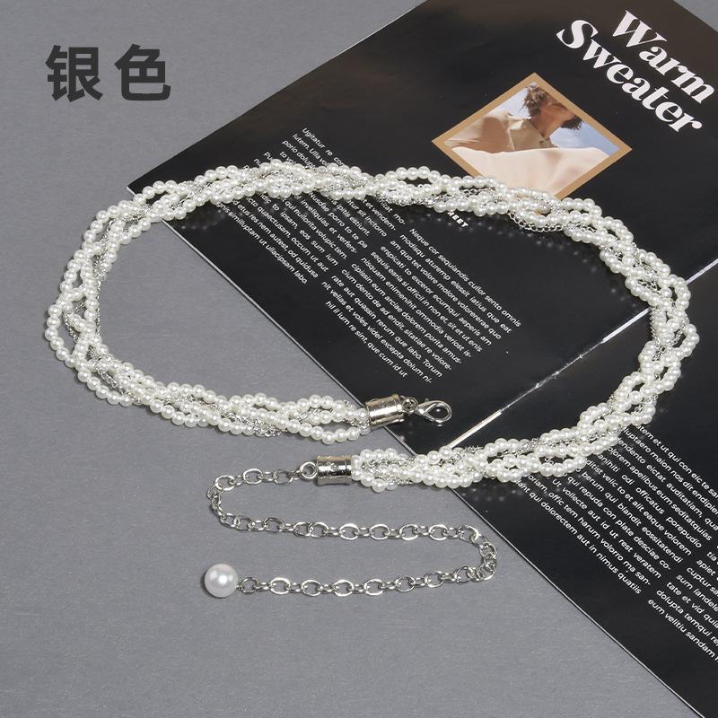 Pearl Chain Decorative Belt Women'S Fine Dress Metal Waist Chain With Sweater Skirt Woven Belt