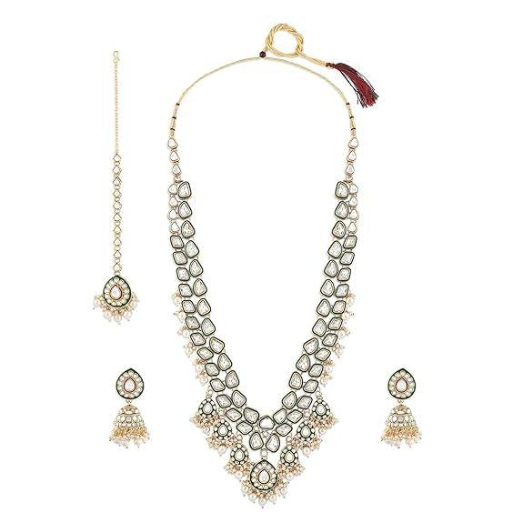 

Зеленый Минакари Кундан свадебный длинный ослепительный ожерелье серьги Maangtikka комплект для женщин