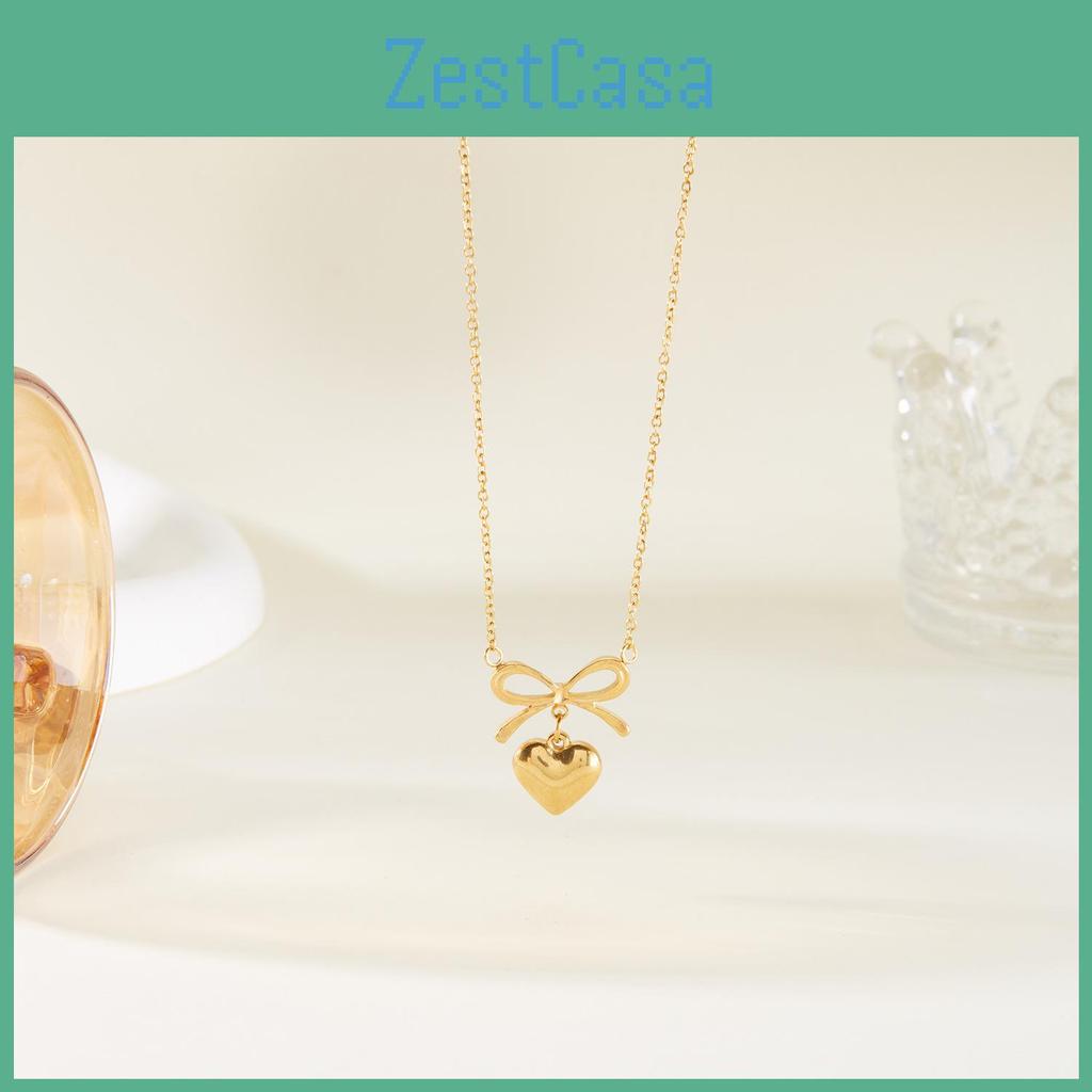 Elegant Heart Shape Pendant Necklace With Butterfly Bow Design In Stainless Steel For Daily Wear