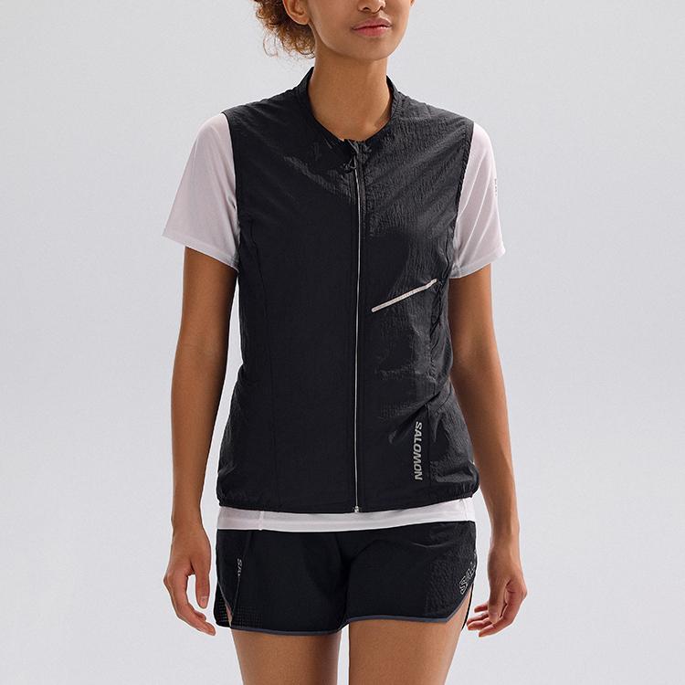 SALOMON Větrovka Sense Aero Větruodolná Teplá Kulatý výstřih Zapínání na zip Bez rukávů Dámská vesta Hluboce černá LC2204200