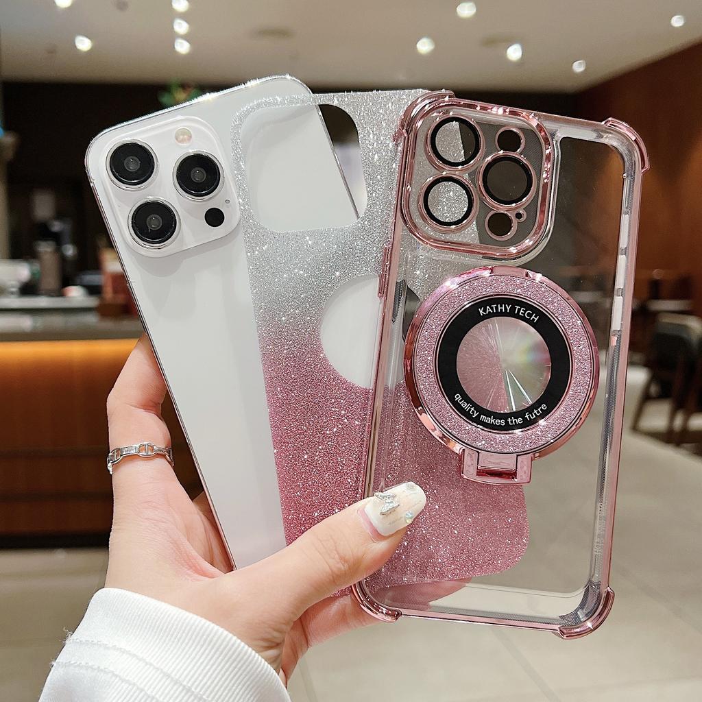 Gradient Electroplating Four Corner Anti-fall 11 Suitable for IPhone 16E Mobile Phone Case Apple 15 Flash Powder Magnetic Bracket Sheath 3