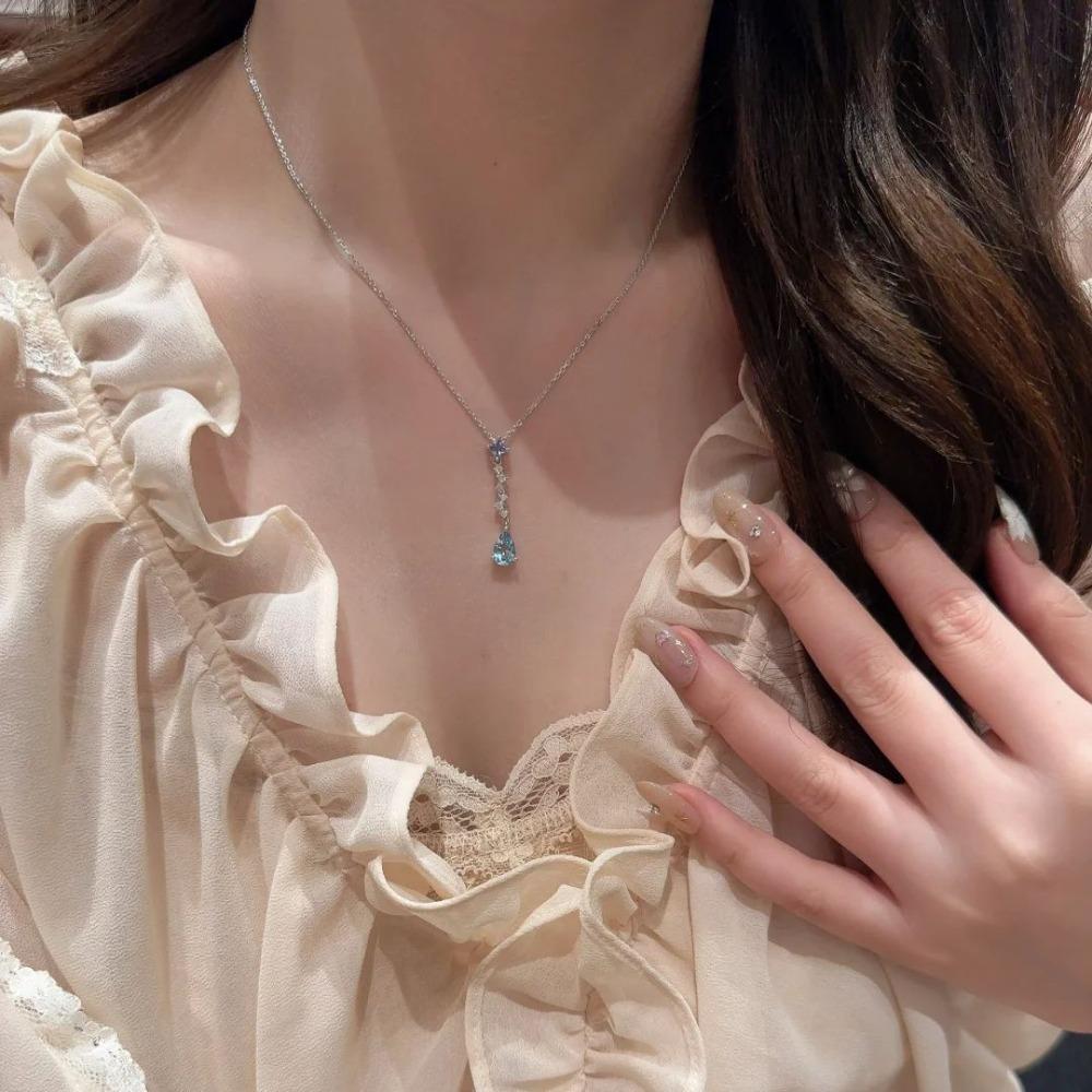 Elegant Mermaid Tear Pendant Necklace Women Luxury Imitation Aquamarine Topaz Jewelry