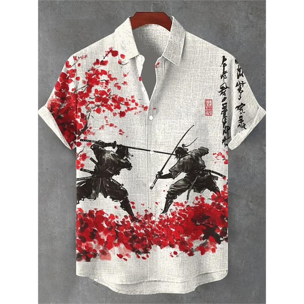 Men s Summer Fashion Printed Short-Sleeve Shirt, Casual Retro Men s Trendy Lapel Casual Top, Hawaiian Shirt S