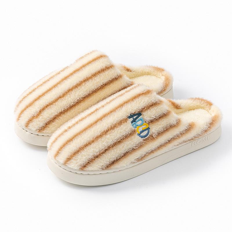 Cotton Slippers Women's Autumn and Winter Indoor Home Non-slip Thick Bottom Couple Style Velvet Warm Color Striped Cotton Drag Men