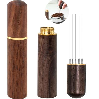 Edelstahl Espresso Rührer 6 Nadeln 0,4 mm Espresso Dosierwerkzeug mit Griff und Ständer aus natürlichem Massivholz, Rosenholz/Ebenholz
