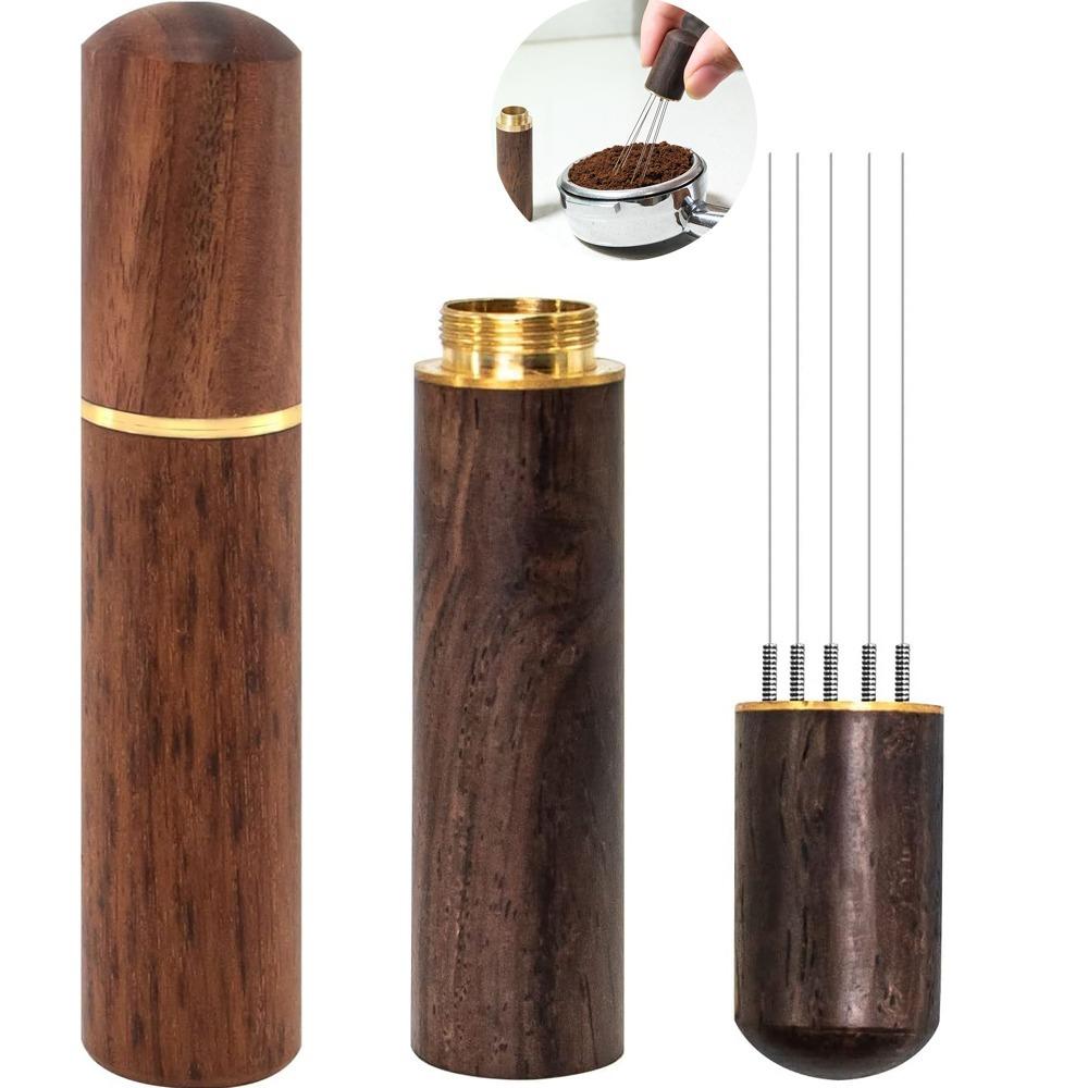 Stainless Steel Espresso Stirrer 6 Pin 0.4mm Espresso Dispensing Tool with Natural Solid Wood Handle and Stand, Rosewood/Ebony