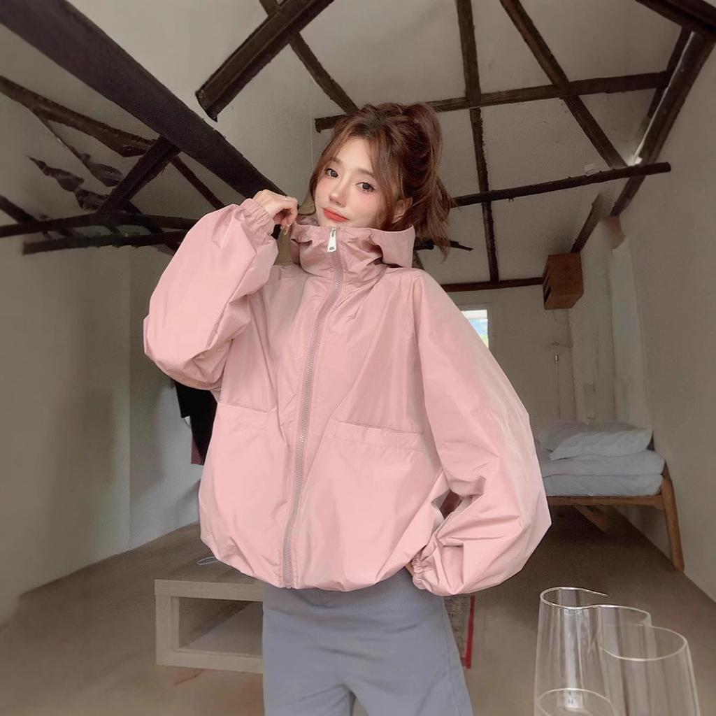 Spring Autumn Hooded Cropped Windbreaker Coat Women Design Casual Loose Jacket Top