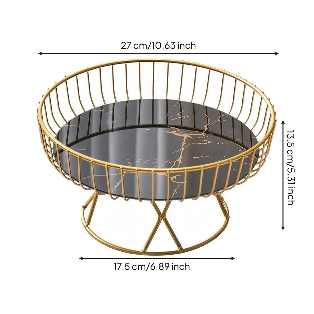 Wire Fruit Basket with Glass Tray Marble-Style Elevated Pedestal