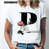 Kawaii English Alphabet Flowers Graphics Female T-Shirt 90S Summer Loose Short Sleeve Round Neck Female Tops Clothing