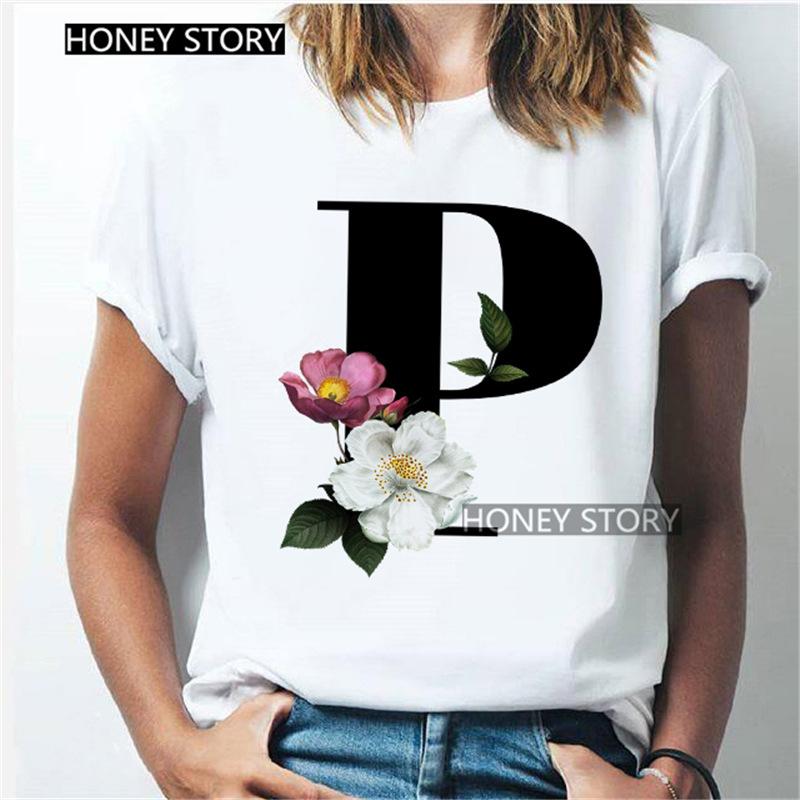 Kawaii English Alphabet Flowers Graphics Female T-Shirt 90S Summer Loose Short Sleeve Round Neck Female Tops Clothing
