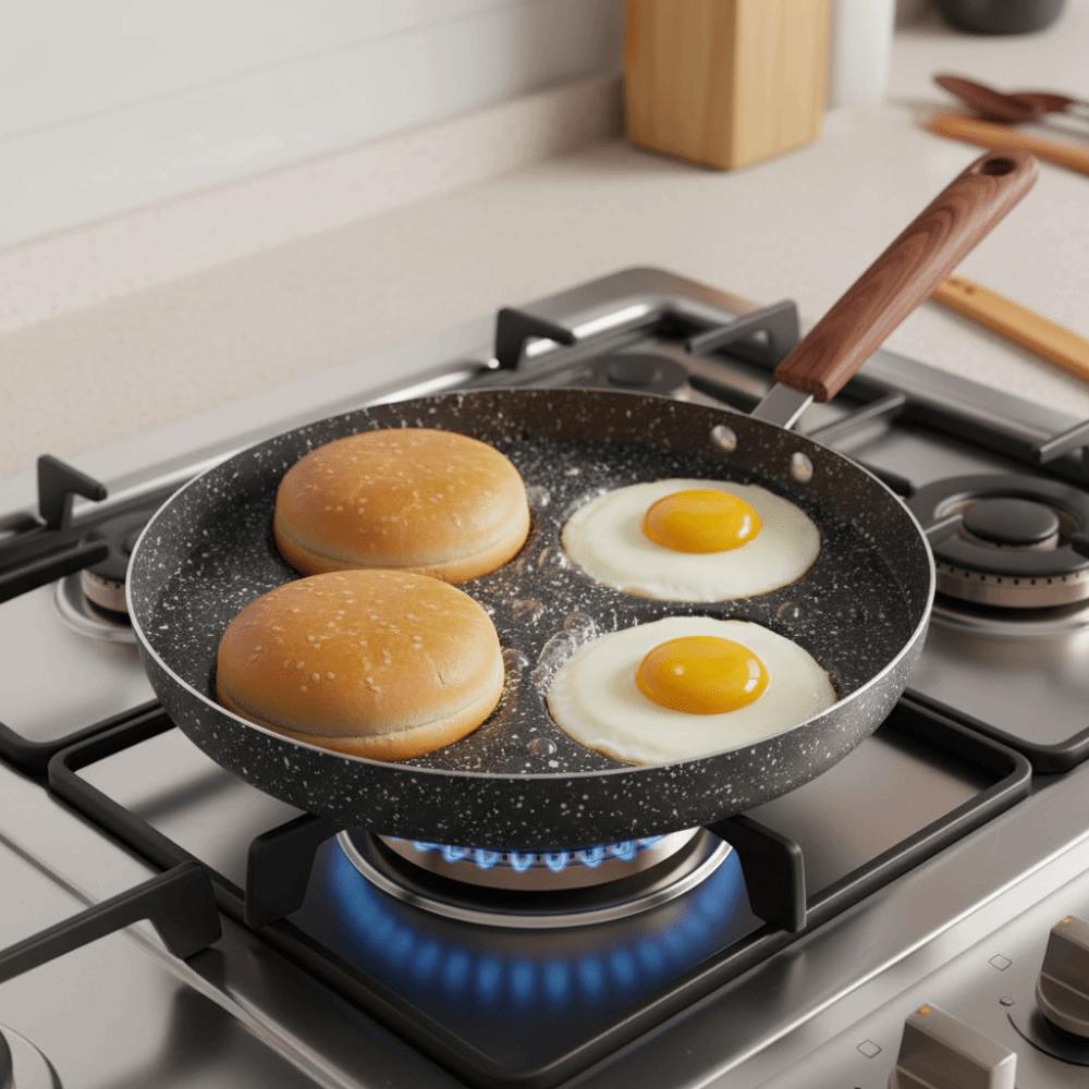 Wood Grain Handle Egg Frying Pan Round Egg Cooker Durable Breakfast Egg Pan Restaurant