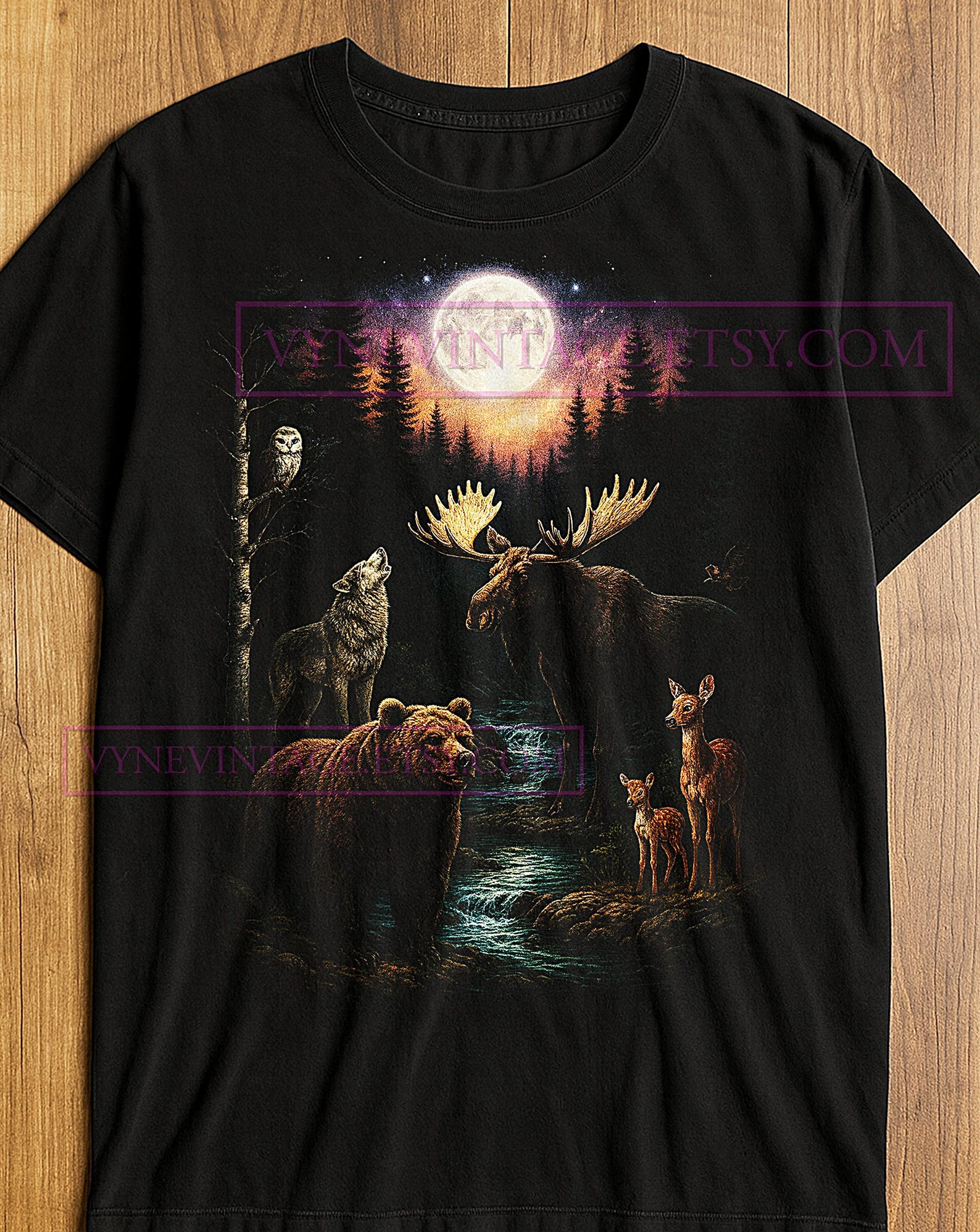 Moonlit Forest Gathering T-Shirt, Bear Wolf Moose Deer Owl Wildlife Scene Tee, Nature Outdoor Adventure Shirt, Vintage Forest Art S