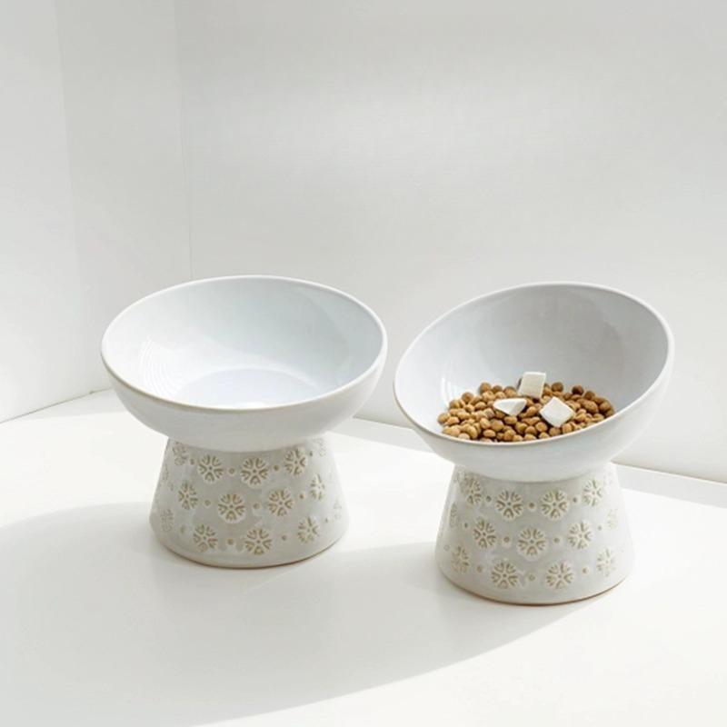 Ceramic Snowflake relief pattern High Footed Bowls for Pet, Cervical Vertebra Protection, Drinking Food Cat Bowl Supplies, 1Pc
