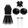 Kids Girls Cheerleading Set Sleeveless Zipper Top Pleated Skirt Bowknot Headwear 2 Hand Flowers Striped Tube Socks for Performance