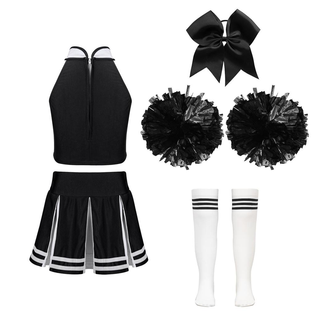 Kids Girls Cheerleading Set Sleeveless Zipper Top Pleated Skirt Bowknot Headwear 2 Hand Flowers Striped Tube Socks for Performance