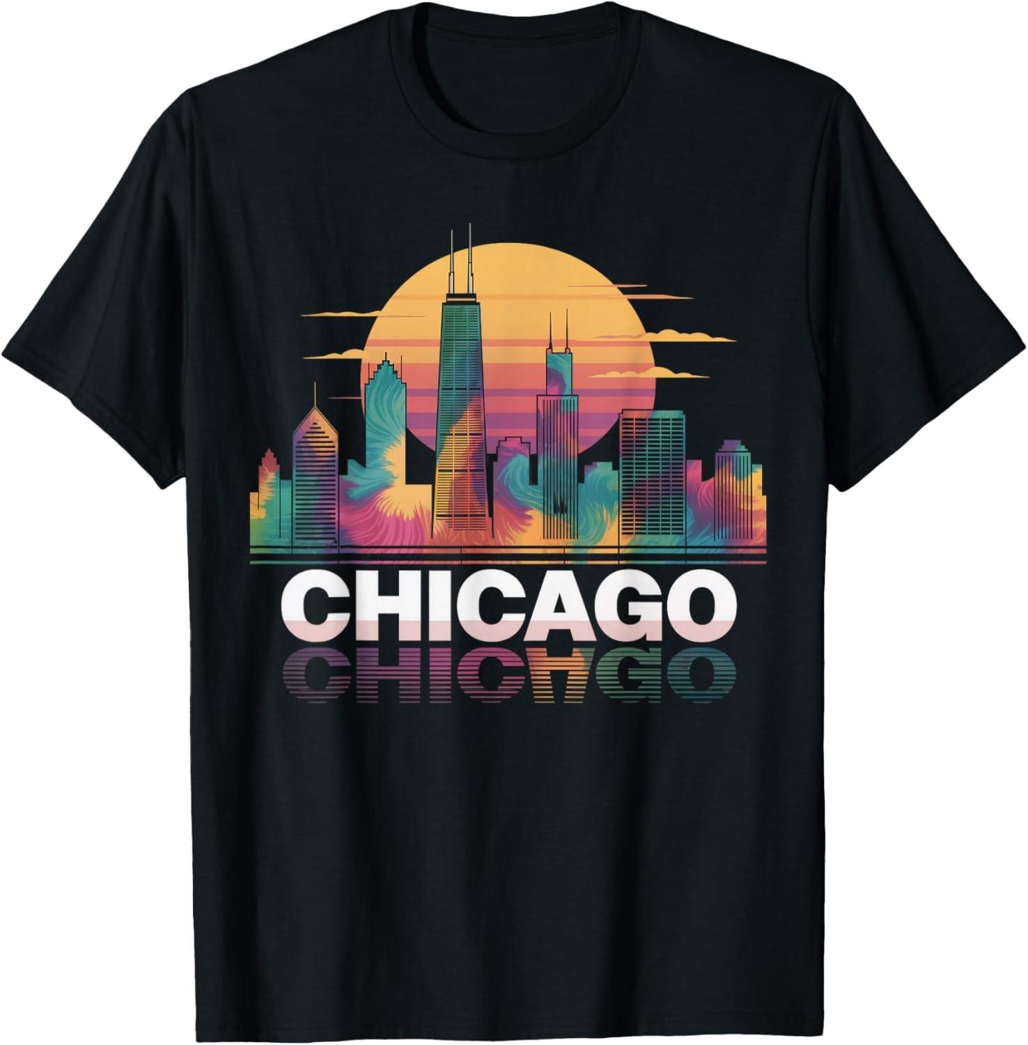 I Love Chicago Skyline Chicago City Tie Dye Souvenir Chicago unisex T-Shirt Mens Womens Tees Top 4XL