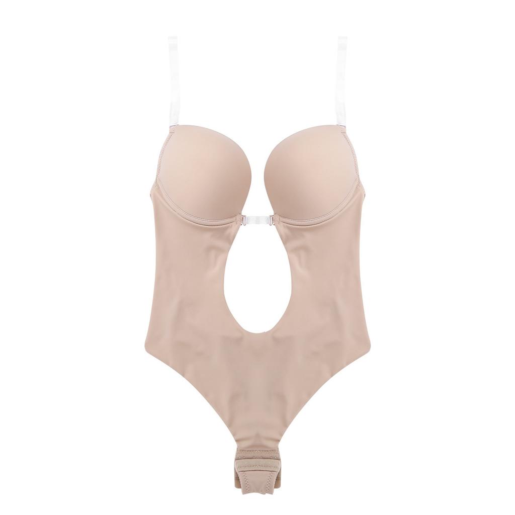Woman Deep V Bodysuit Clear Strap Backless Plunge Thong Push Up Padded Bra Body Shaper Suit