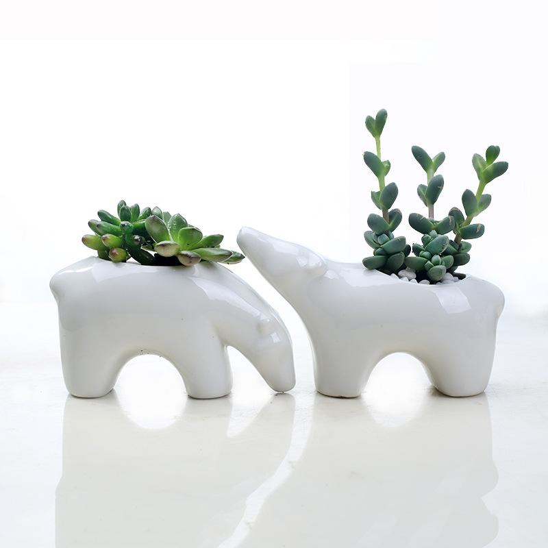 Scandinavian Style Ceramic Succulent Flower Pot, Creative Office Desktop Polar Bear Couple Green Plants Animal Potted Plants
