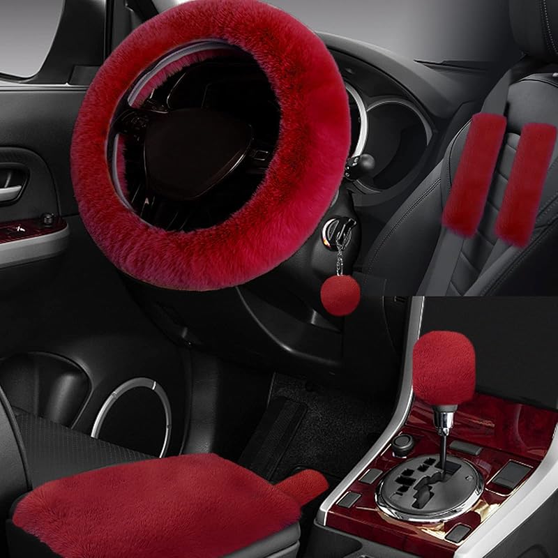 7PCS Set Car Interior Aesthetic Accessories, Fluffy 15 Inch Steering Wheel Cover, Armrest Pad, Seat Belt Cover,Gear Shift Cover, Fit Girly Car