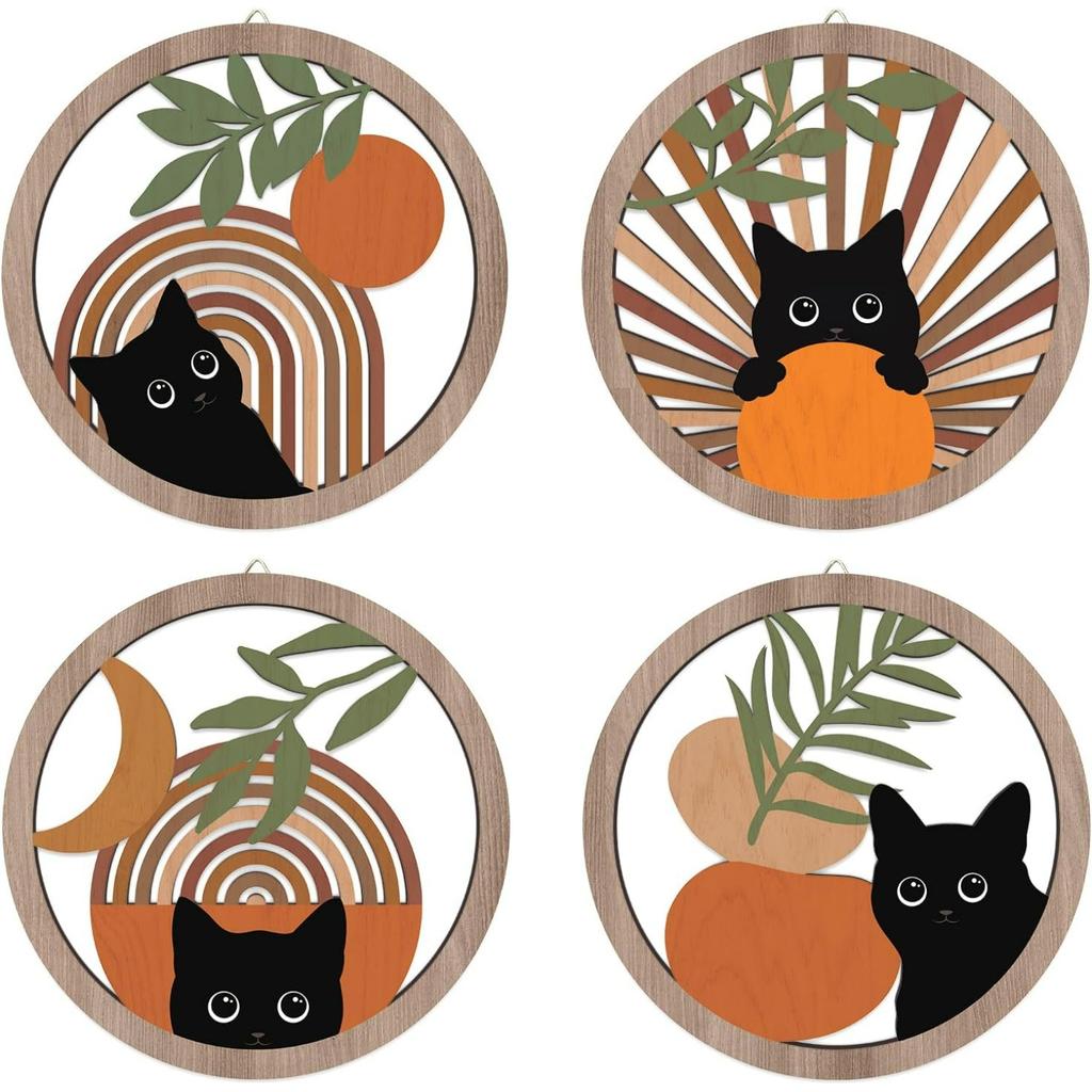 Boho Black Cat Wall Decor,Farmhouse Geometric Hanging Wooden Wall Art,4 Pieces 10''x10'' Mid Century Bohemian Abstract Moon and Sun Wood Sign