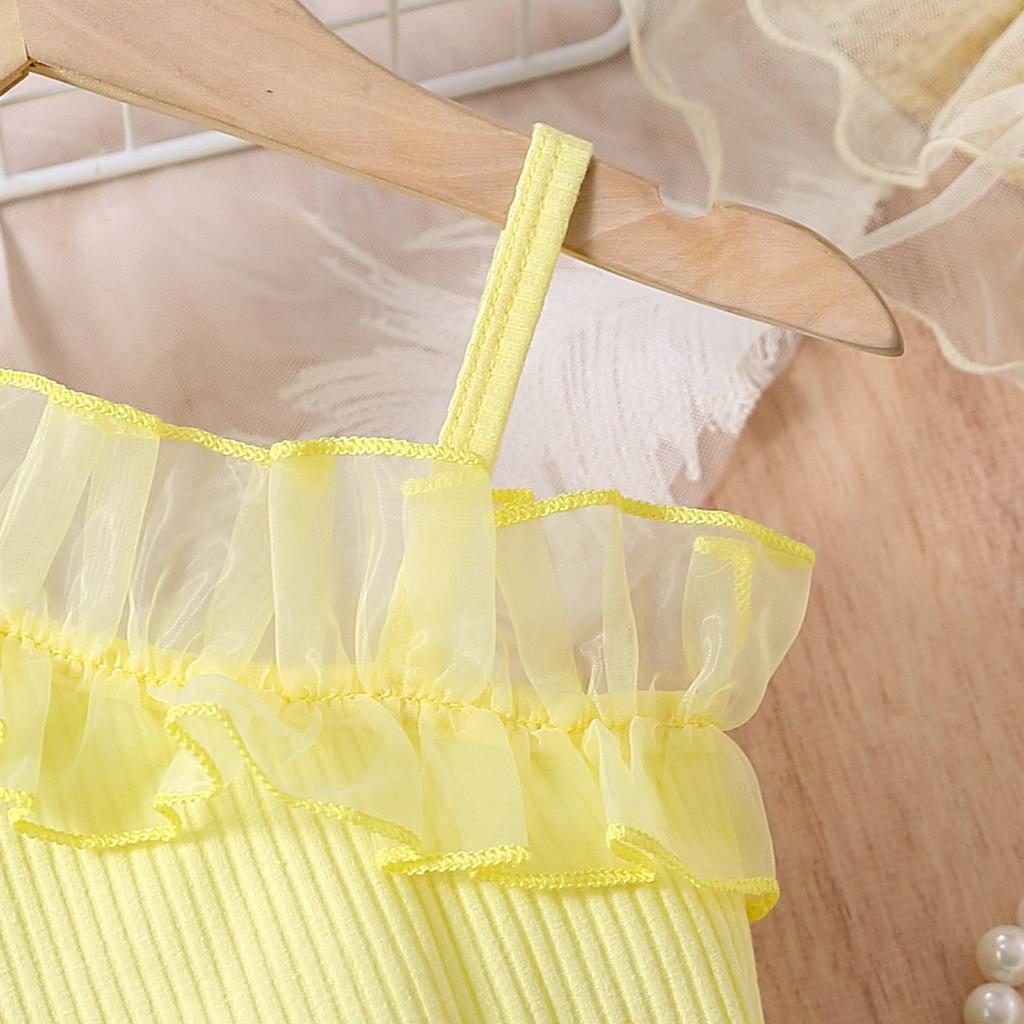 Girls Fashion Set Spring Summer Children's Casual Oblique Shoulder Strap Splicing Mesh Lace Short Sleeve Pleated Skirt Two Sets