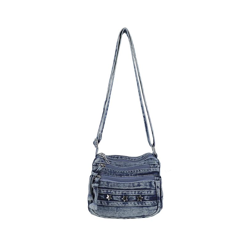 Womens Denim Crossbody Bag Casual Small Shoulder Purse Multi Zipper Handbag for Daily Use