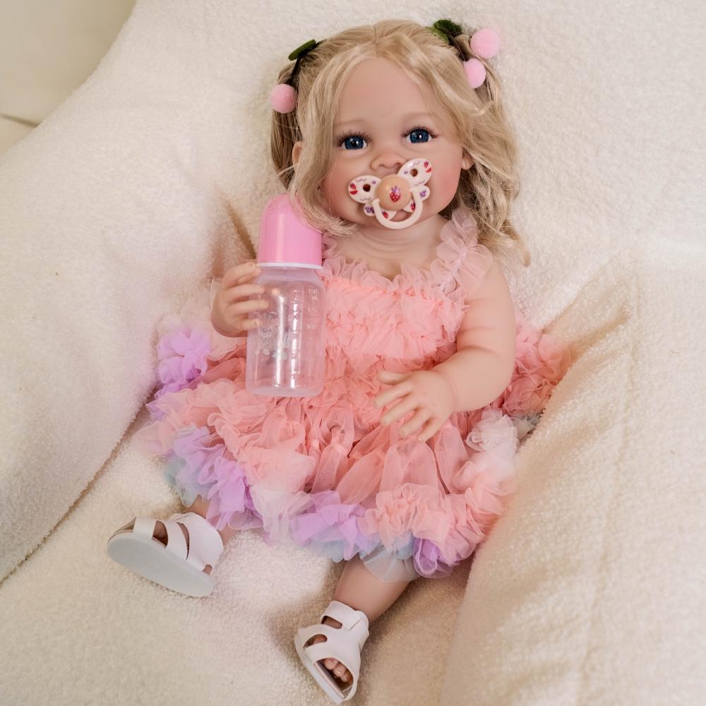 Muñeca Reborn de 22 pulgadas y 55 cm, de vinilo suave y completo, para recién nacidas, realista, articulada y sonriente.