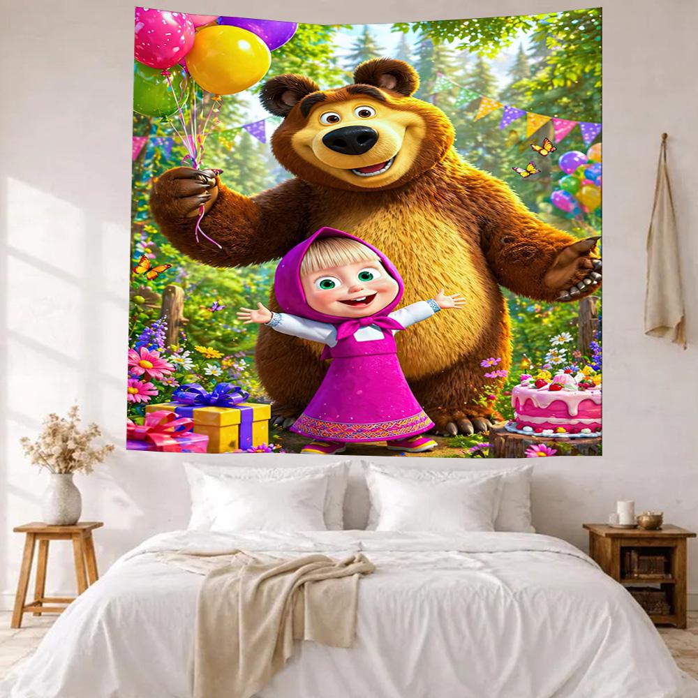 Masha Bear Wall Decor Tapestry Art For Pet Memorial Birthdaywedding Party Backdrop Family Gift
