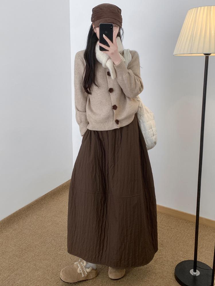 Women's High-Waisted Textured A-Line Mid-Length Skirt - Autumn/Winter Retro Pumpkin Fluffy Design