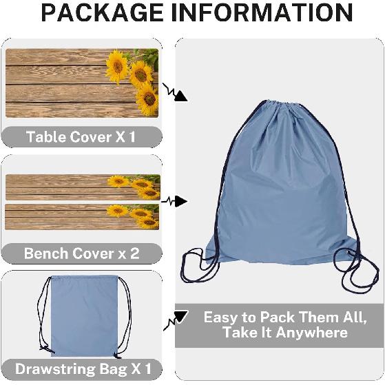 Sunflower Wooden Picnic Table Cover with Bench Covers, Rustic Summer Floral Farmhouse Outdoor Camping Essentials 6FT 3PCS Fitted Rectangle RV Must