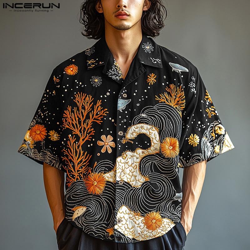 INCERUN Men Lapel Neck Short Sleeve Print Buttons Casual Oversized Shirts