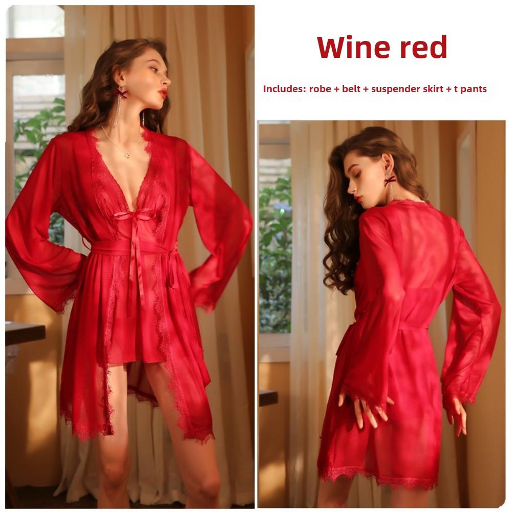 Large Size Sexy Suspender Skirt for Women Pure Desire Pajamas Lace Mesh Gown Loungewear Set