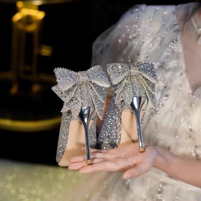 Silver High Heels Women's Spring and Autumn 2025 New Sequins High-end Rhinestone Bow Pointed Wedding Shoes Single Shoes Women