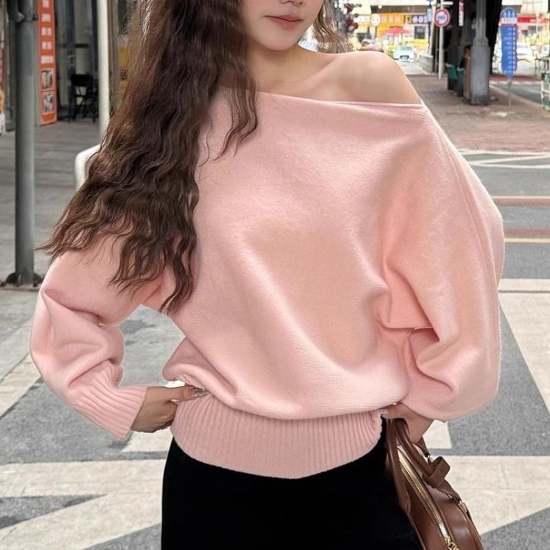 Pullover a maglia con maniche a pipistrello lunghe da donna 380g Spesso Scollo a barca Moda coreana Maglione Largo Casual Capo spalla per l'autunno Pull