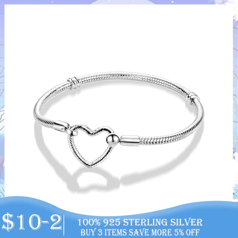 

New Bracelet Silver Color Heart Love Closure Snake Chain Bracelet for Women Fit Original Charm Bead DIY Making Jewelry 20cm