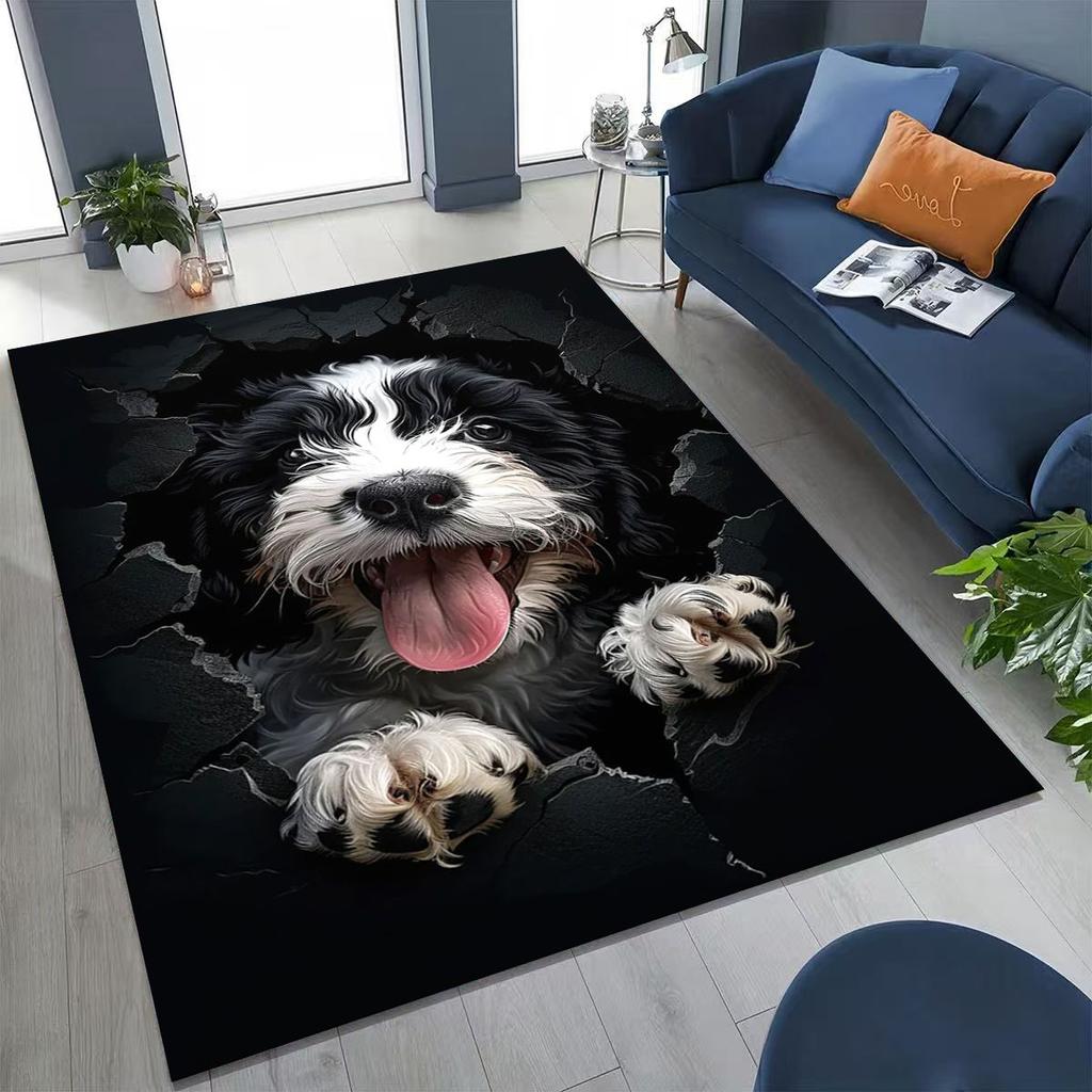 Tapete Fofo Cão Filhote Quebrando a Parede Ilusão 3D para Quarto Sala de Estar Sofá Casa Capacho Decoração, Tapete Grande Antiderrapante para Brincar de Crianças
