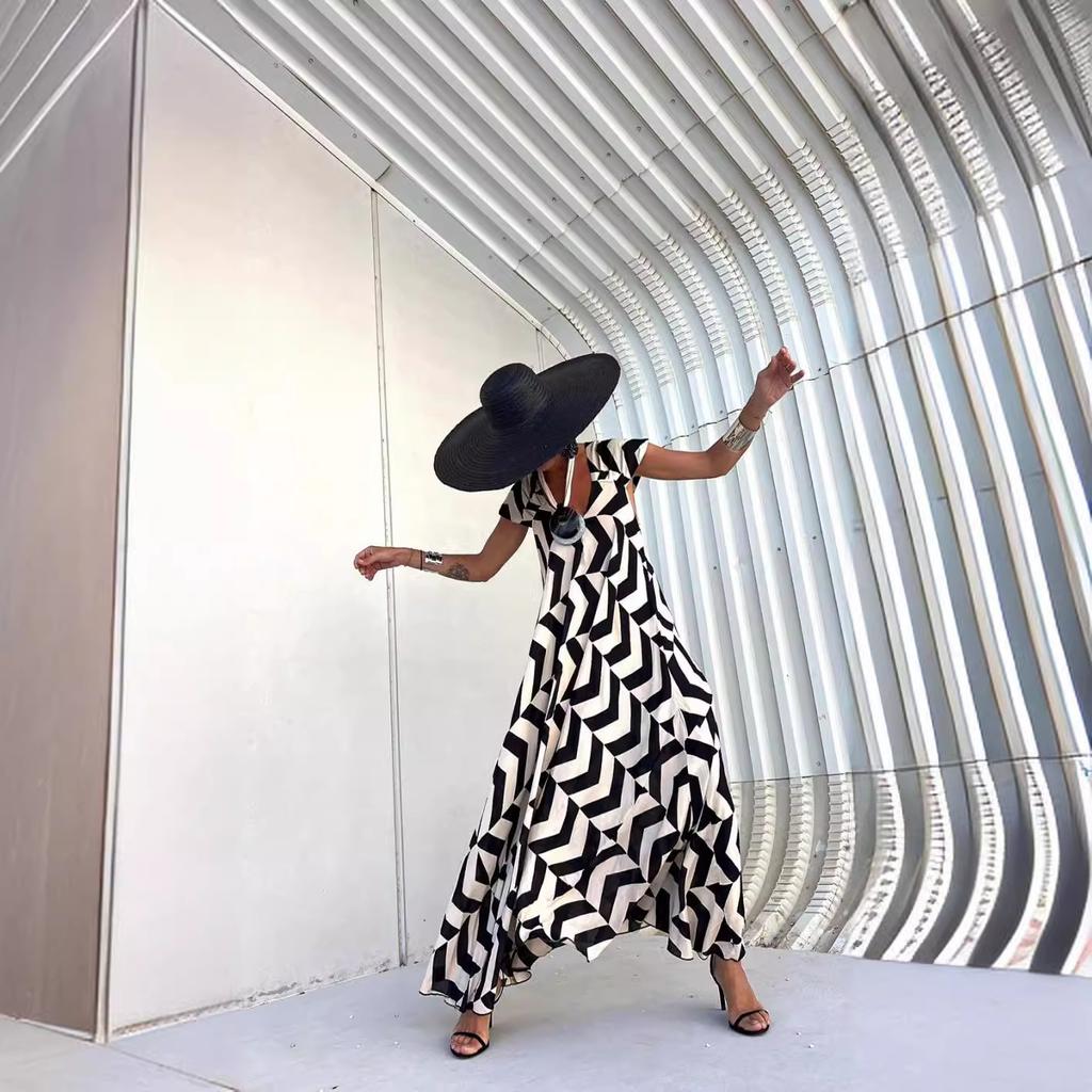 Women's Summer Printed New Dress Loose A-line Long Skirt Geometric Stripes for Women