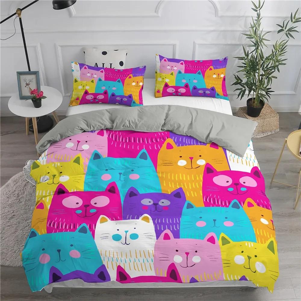 3D Gedrucktes Cartoon Katzen Bettwäscheset Einzelbett Twin Doppelbett Queen King Cal King Größe Bettwäscheset