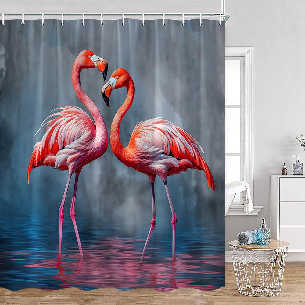 Flamingos Shower Curtains Tropical Leaves Pink Birds Green Plants Bathroom Curtain Polyester Fabric Home Decorations with Hooks