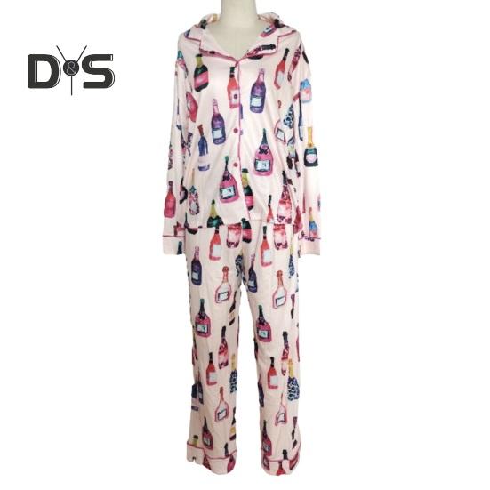 Dámské pyžamo s dlouhým rukávem a knoflíky na láhev šampaňského, košile a kalhoty na spaní, ležérní sada s potiskem sklenic na víno, 2dílná sada domácího oblečení