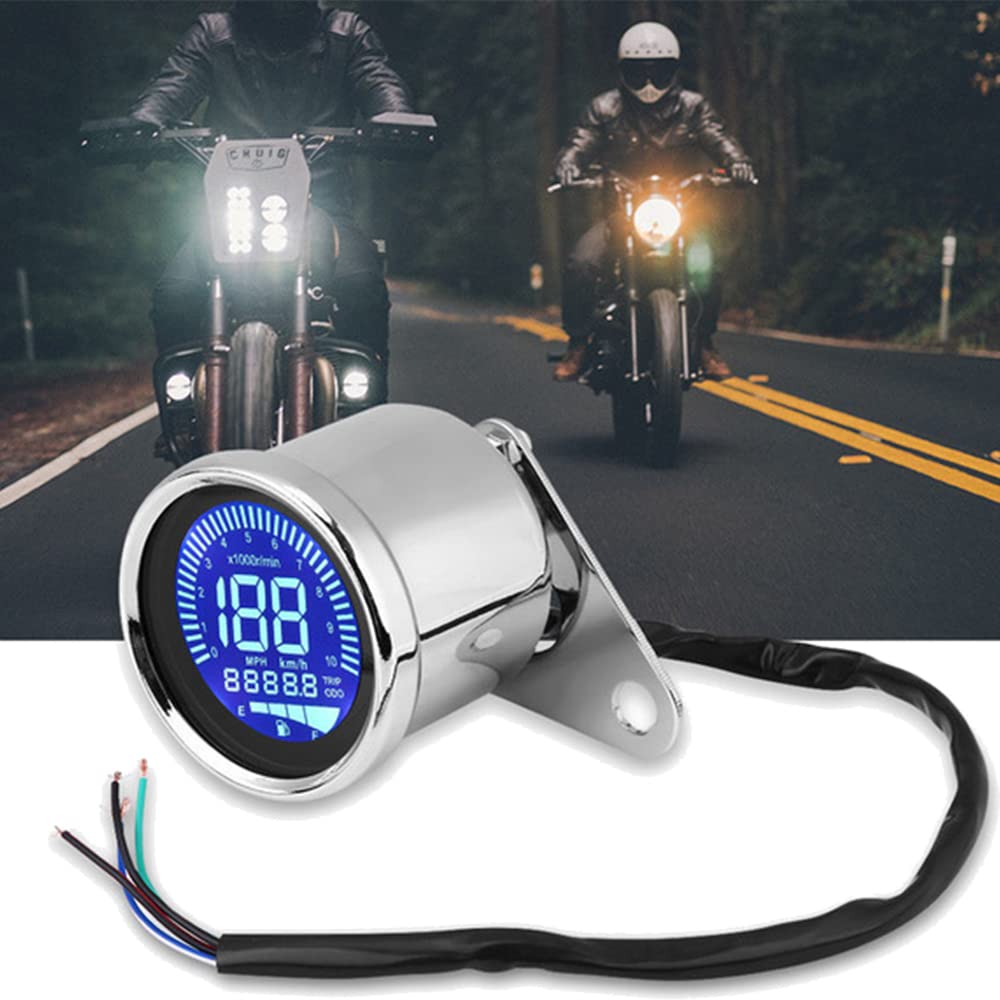 Motorcycle Digital 12V LED Mechanical Odometer with Switching Universal Fit Speedometer/Tachometer 7-Color Backlight, (Silver)