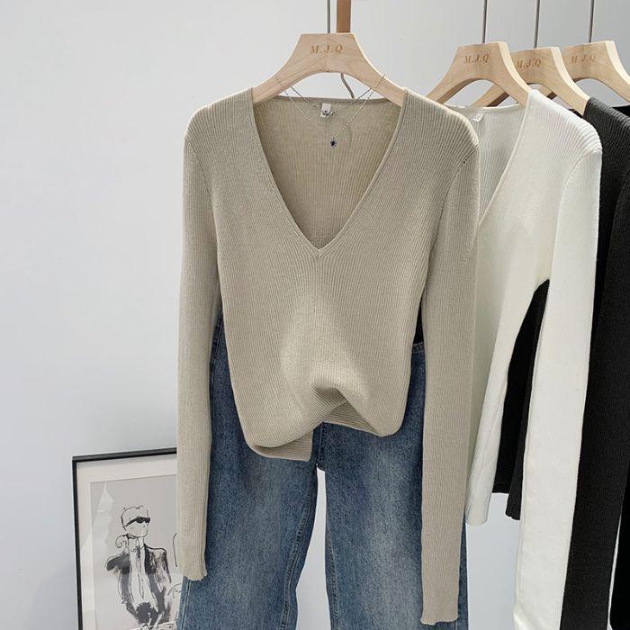 

Женский повседневный вязаный свитер с V-образным вырезом - Осенне-зимний универсальный топ с длинным рукавом One Size
