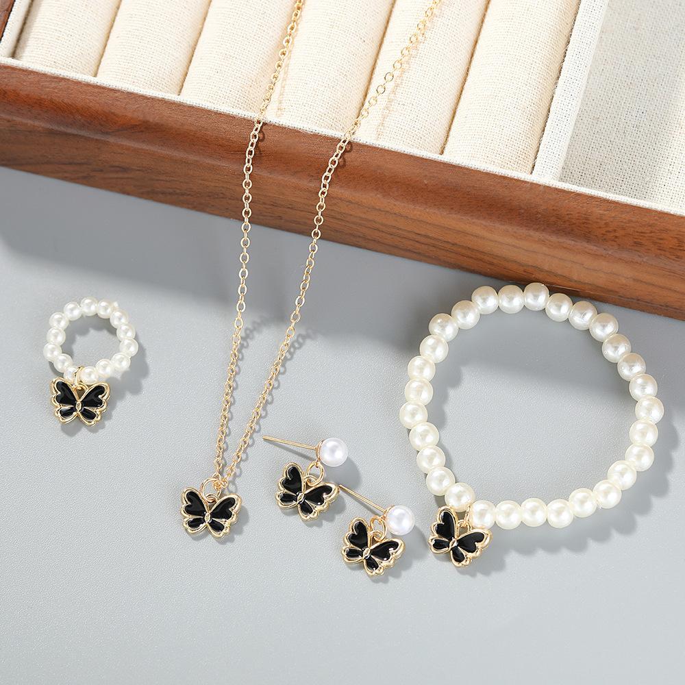 Children's Necklace Creative Pearl Butterfly Girls Jewelry Bracelet Girls Oil Drop Accessories Ring Earrings