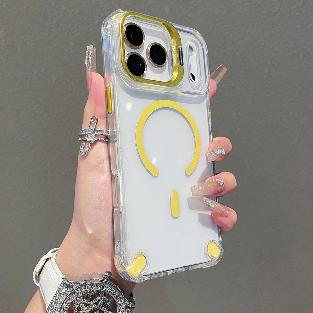 For iPhone 17 Pro Magnetic Case TPU PC Clear Kickstand Phone Cover with Tempered Glass Lens Films